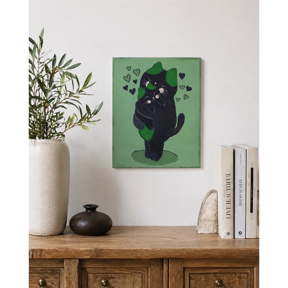Hand Painted Black Cat On Canvas 8x10 Cute Cat Lover Nursery Wall Art New